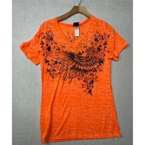 Harley Davidson Las Vegas Graphic V Neck T Shirt Women Size 2X Orange Burnout